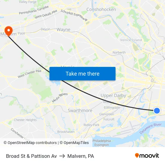 Broad St & Pattison Av to Malvern, PA map