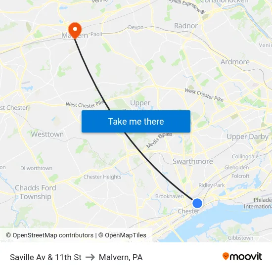 Saville Av & 11th St to Malvern, PA map