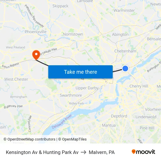 Kensington Av & Hunting Park Av to Malvern, PA map