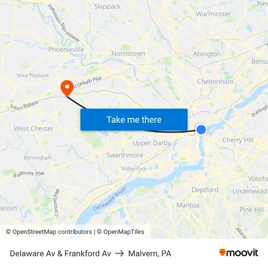 Delaware Av & Frankford Av to Malvern, PA map