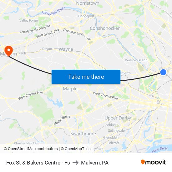 Fox St & Bakers Centre - Fs to Malvern, PA map