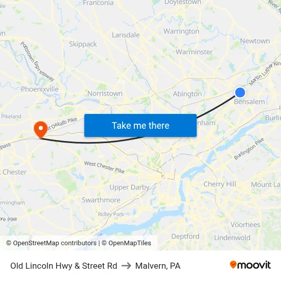 Old Lincoln Hwy & Street Rd to Malvern, PA map