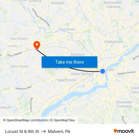 Locust St & 8th St to Malvern, PA map