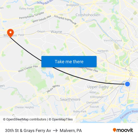 30th St & Grays Ferry Av to Malvern, PA map