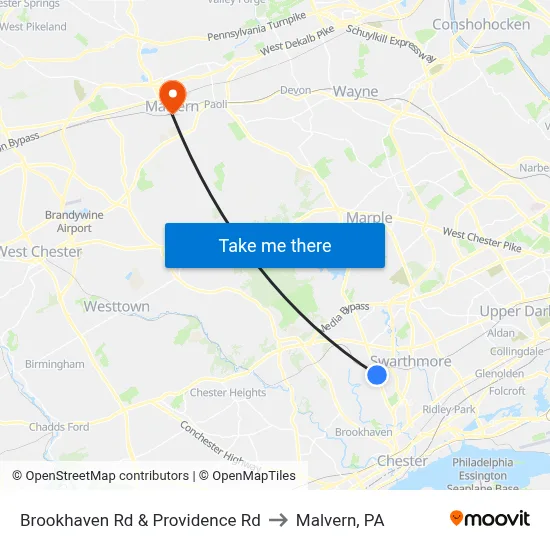 Brookhaven Rd & Providence Rd to Malvern, PA map