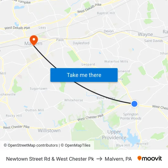 Newtown Street Rd & West Chester Pk to Malvern, PA map