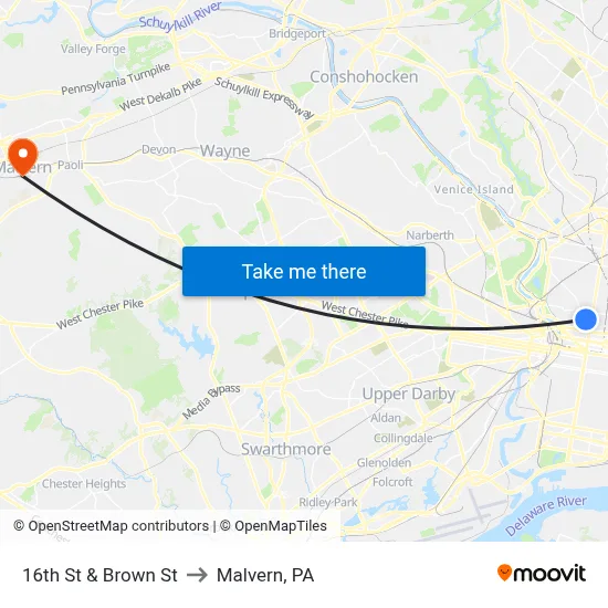 16th St & Brown St to Malvern, PA map