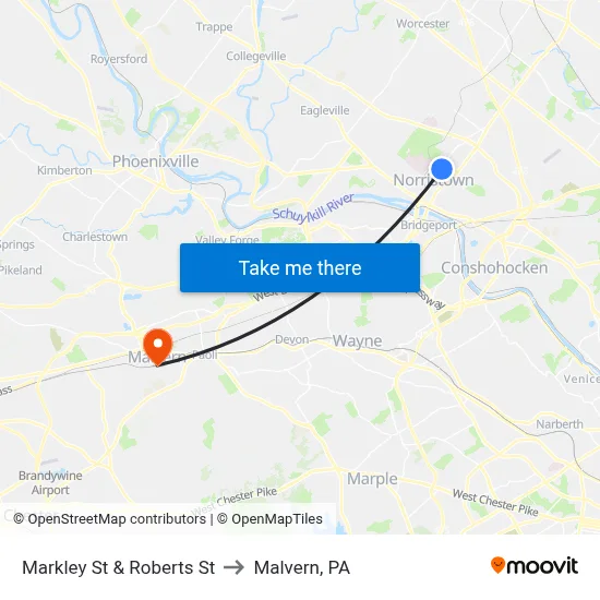 Markley St & Roberts St to Malvern, PA map