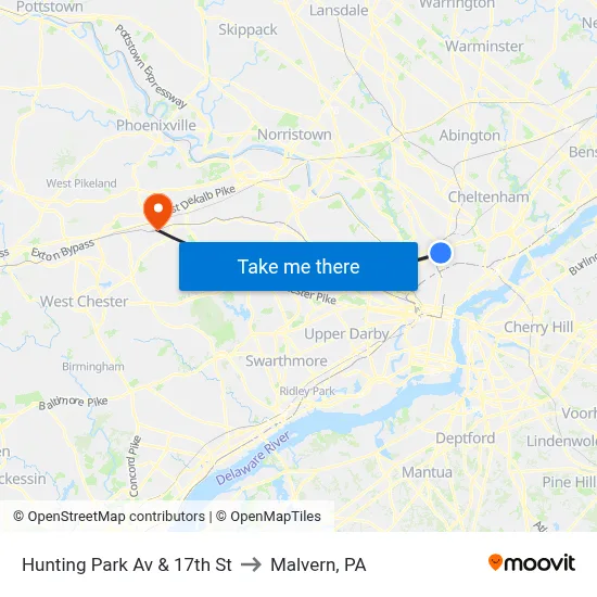 Hunting Park Av & 17th St to Malvern, PA map