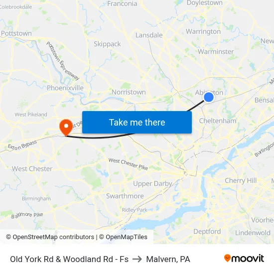Old York Rd & Woodland Rd - Fs to Malvern, PA map