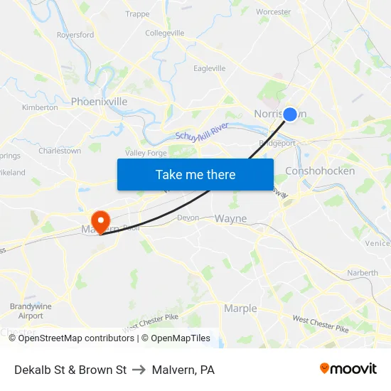 Dekalb St & Brown St to Malvern, PA map