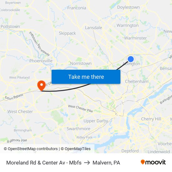 Moreland Rd & Center Av - Mbfs to Malvern, PA map