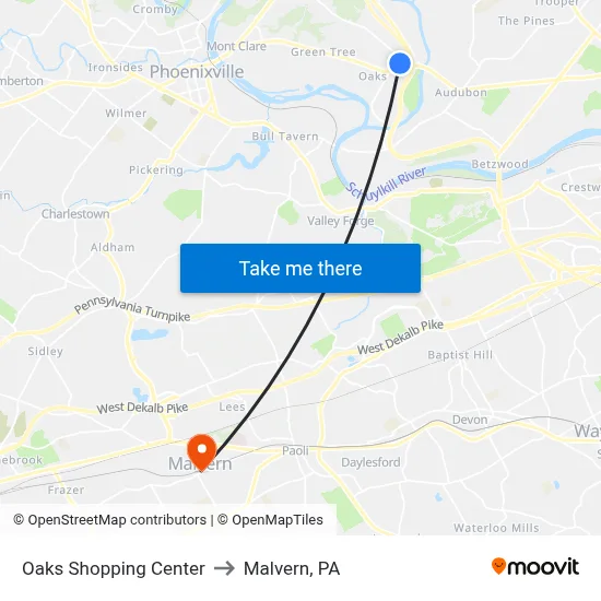 Oaks Shopping Center to Malvern, PA map