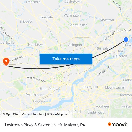 Levittown Pkwy & Sexton Ln to Malvern, PA map