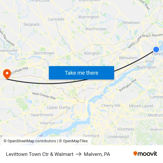 Levittown Town Ctr & Walmart to Malvern, PA map