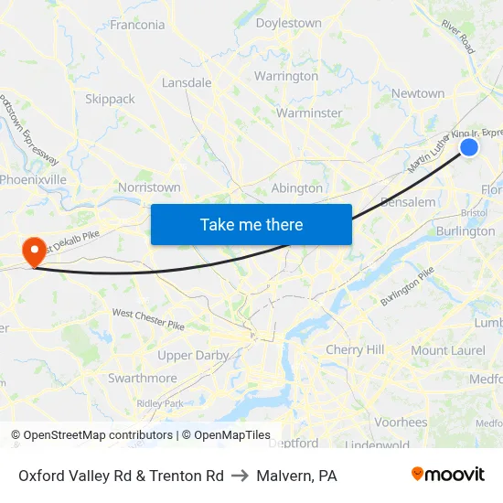 Oxford Valley Rd & Trenton Rd to Malvern, PA map