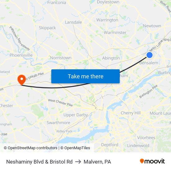 Neshaminy Blvd & Bristol Rd to Malvern, PA map