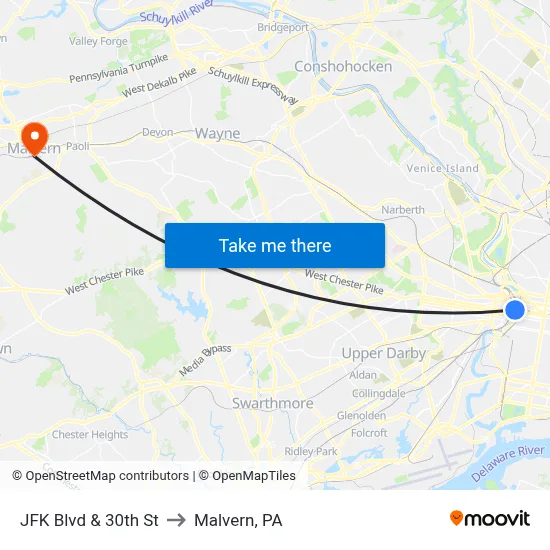 JFK Blvd & 30th St to Malvern, PA map