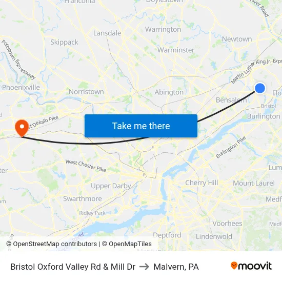 Bristol Oxford Valley Rd & Mill Dr to Malvern, PA map