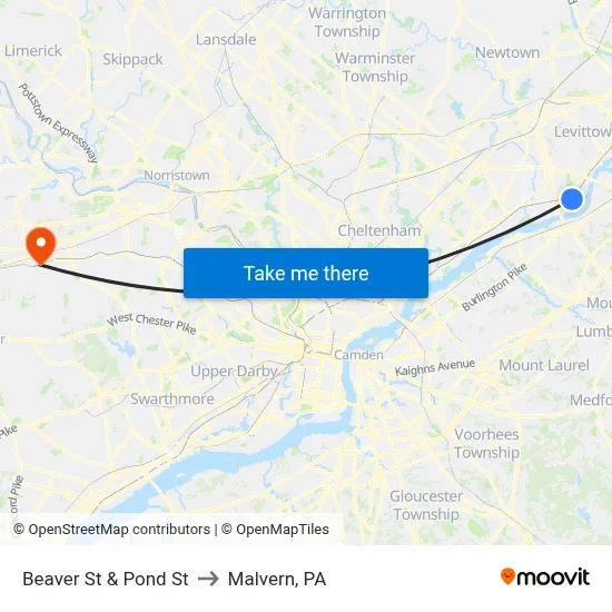 Beaver St & Pond St to Malvern, PA map