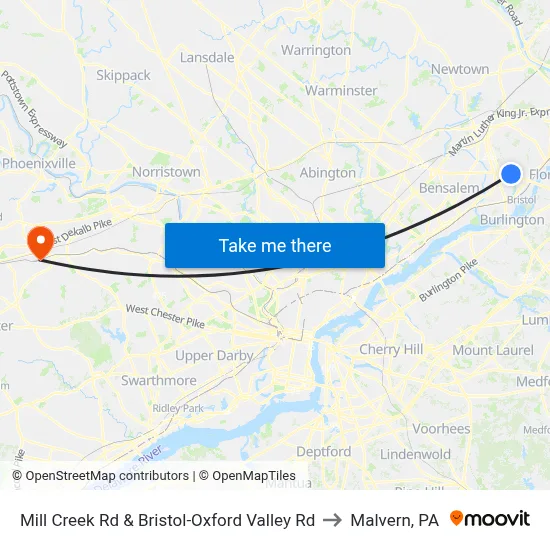 Mill Creek Rd & Bristol-Oxford Valley Rd to Malvern, PA map