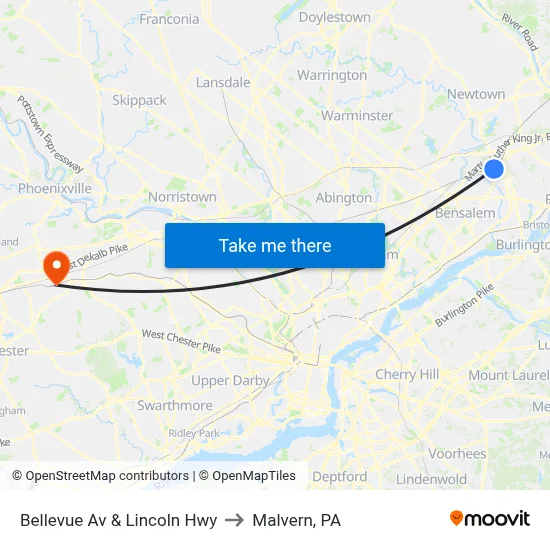 Bellevue Av & Lincoln Hwy to Malvern, PA map