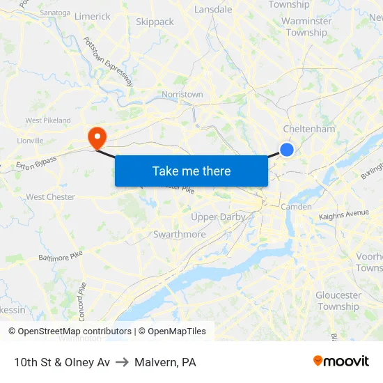 10th St & Olney Av to Malvern, PA map