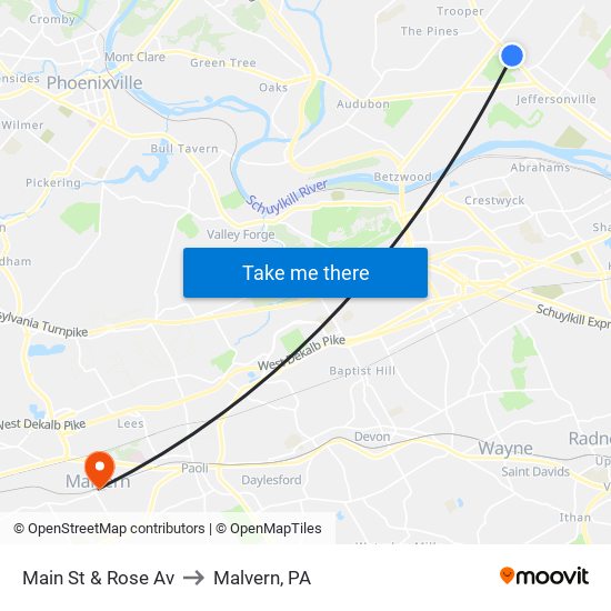 Main St & Rose Av to Malvern, PA map