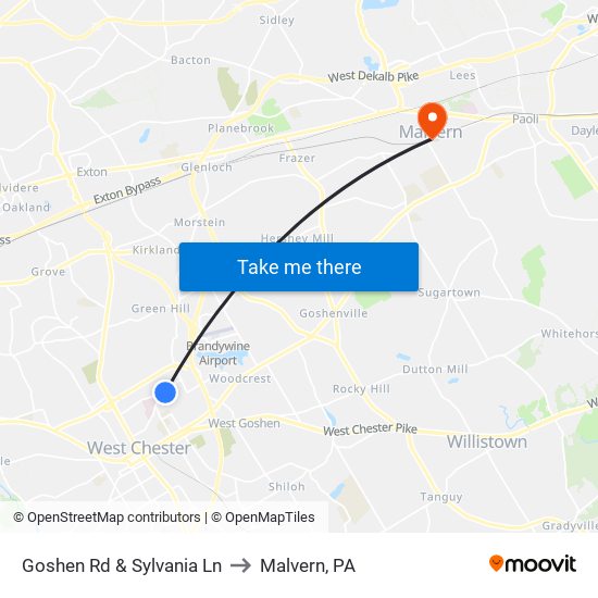 Goshen Rd & Sylvania Ln to Malvern, PA map