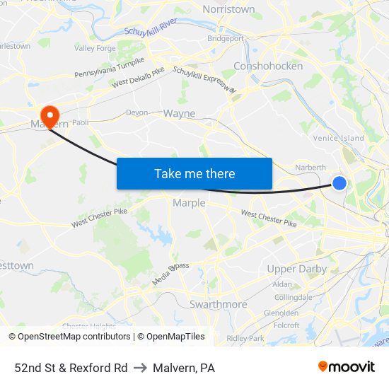 52nd St & Rexford Rd to Malvern, PA map