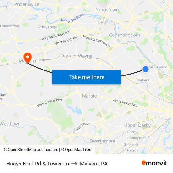 Hagys Ford Rd & Tower Ln to Malvern, PA map