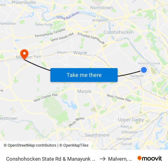 Conshohocken State Rd & Manayunk Rd to Malvern, PA map