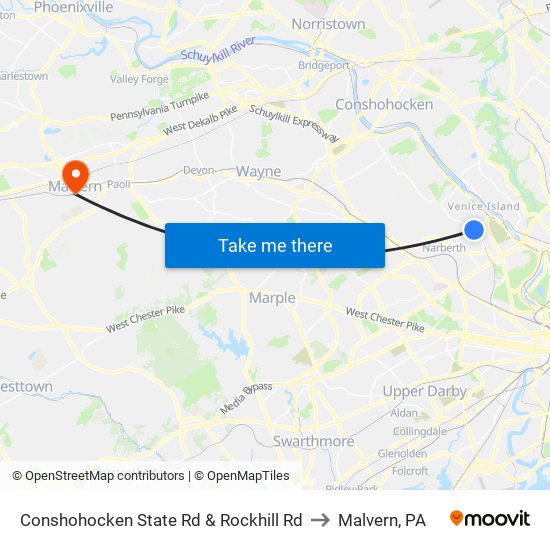 Conshohocken State Rd & Rockhill Rd to Malvern, PA map