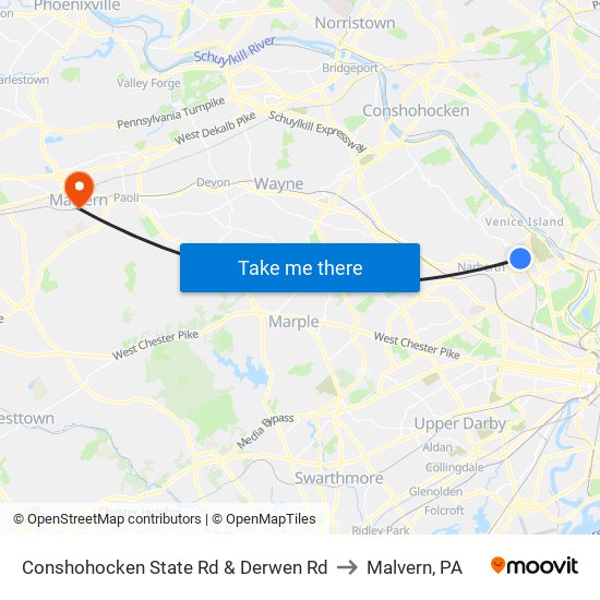 Conshohocken State Rd & Derwen Rd to Malvern, PA map