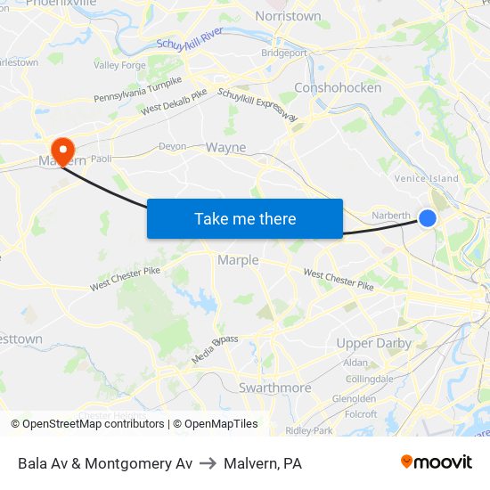 Bala Av & Montgomery Av to Malvern, PA map