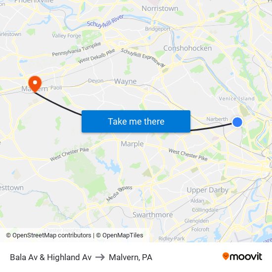 Bala Av & Highland Av to Malvern, PA map