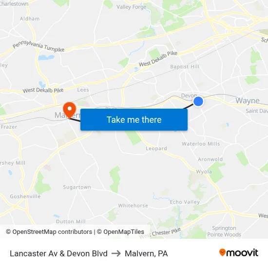 Lancaster Av & Devon Blvd to Malvern, PA map