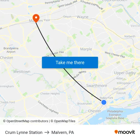 Crum Lynne Station to Malvern, PA map