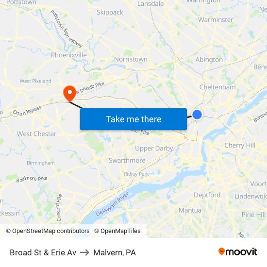 Broad St & Erie Av to Malvern, PA map