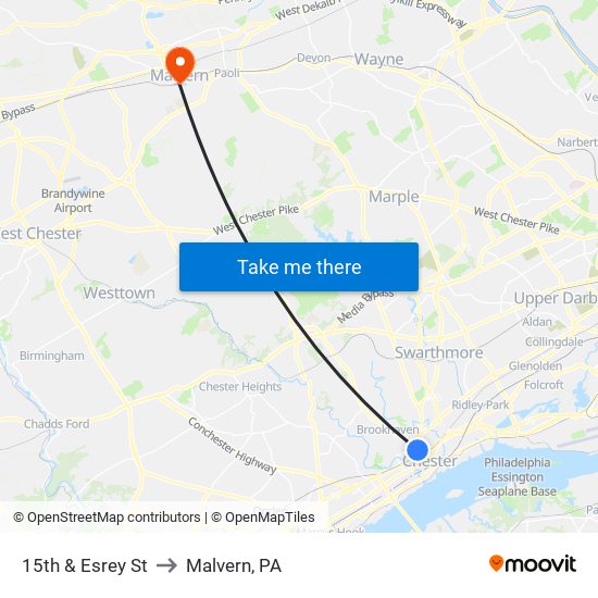 15th & Esrey St to Malvern, PA map