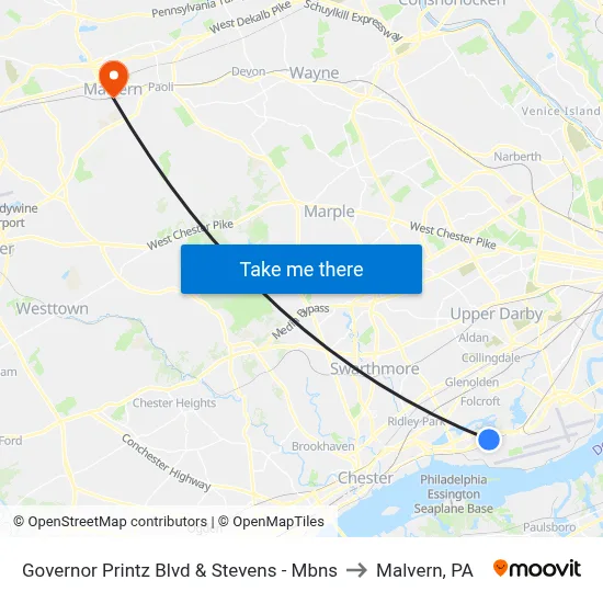 Governor Printz Blvd & Stevens - Mbns to Malvern, PA map