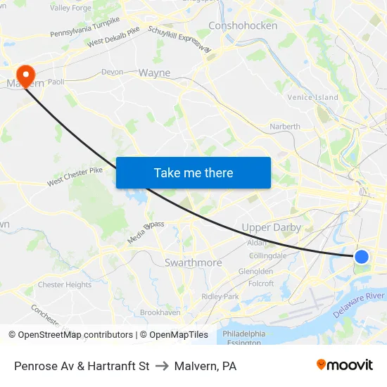 Penrose Av & Hartranft St to Malvern, PA map