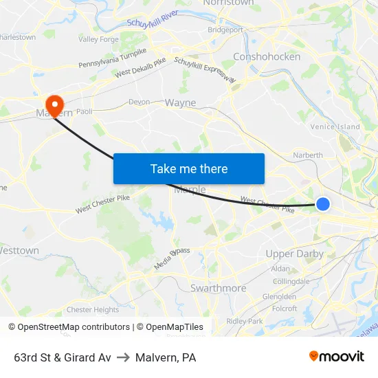 63rd St & Girard Av to Malvern, PA map