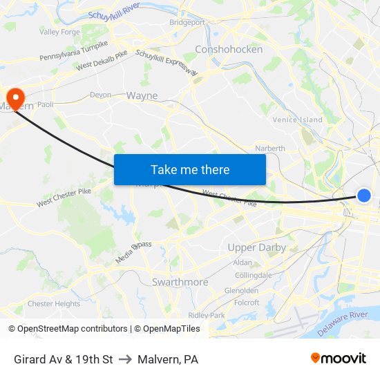 Girard Av & 19th St to Malvern, PA map