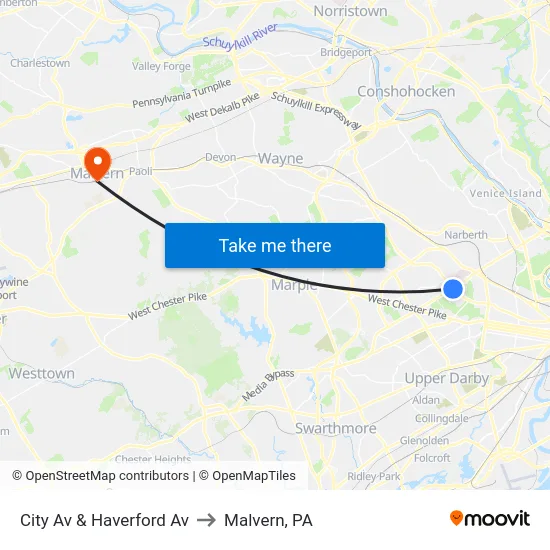 City Av & Haverford Av to Malvern, PA map
