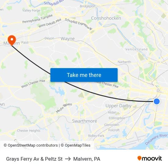 Grays Ferry Av & Peltz St to Malvern, PA map