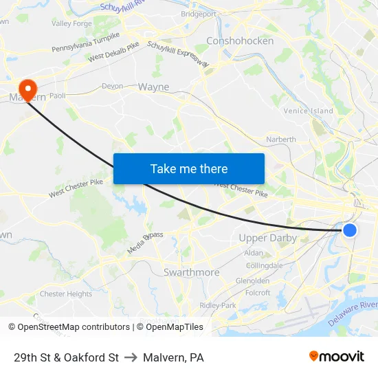 29th St & Oakford St to Malvern, PA map