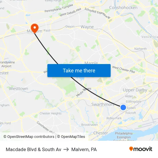 Macdade Blvd & South Av to Malvern, PA map