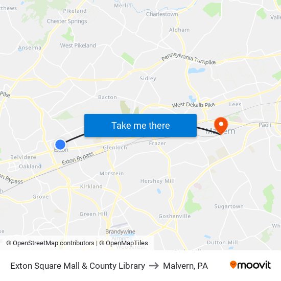 Exton Square Mall & County Library to Malvern, PA map