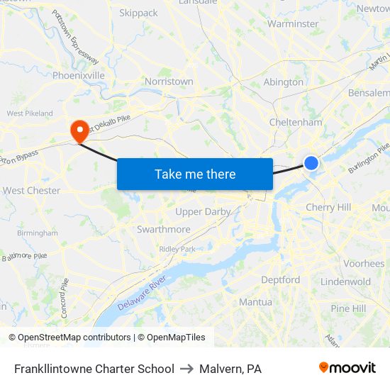 Frankllintowne Charter School to Malvern, PA map